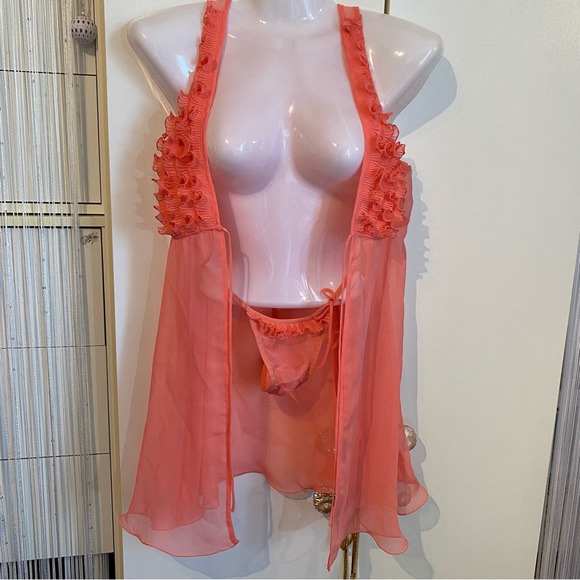 La Senza 2 Piece Sheer Coral Ruffle Chemise Sleep Set - Picture 5 of 16